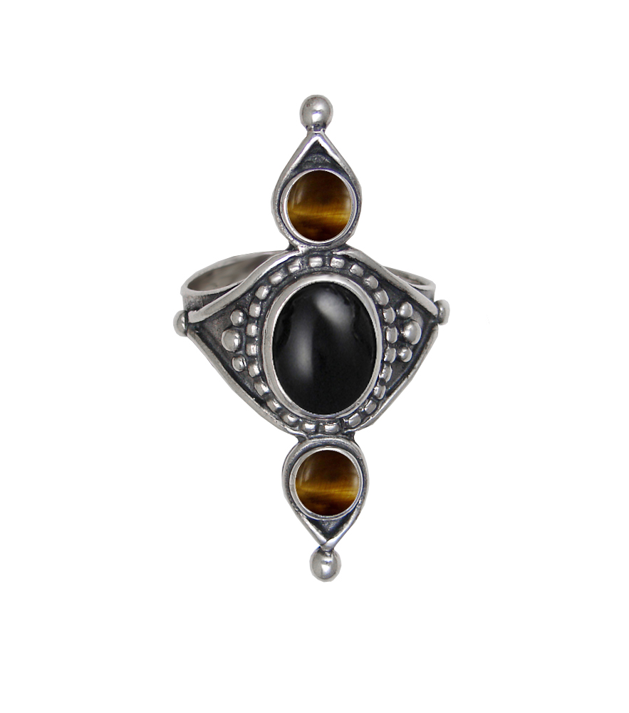 Sterling Silver Royal Ring With Black Onyx And Tiger Eye Size 10